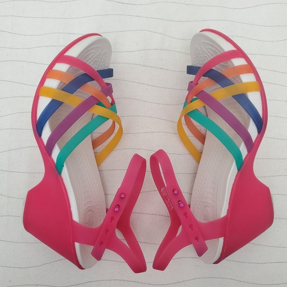 Crocs Womens Straps Pink Multicolor Wedge Heel Sandals Shoes 15392 Size 8 - Picture 8 of 12